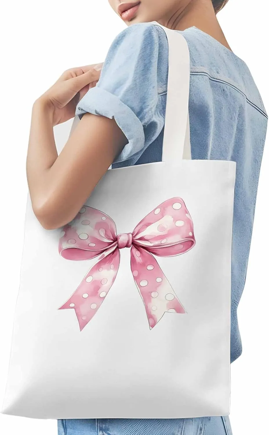 Polka Dot Pink Bowknot Canvas Tote Bag, Aesthetic Canvas Tote Handbags for Women Shoulder Bag