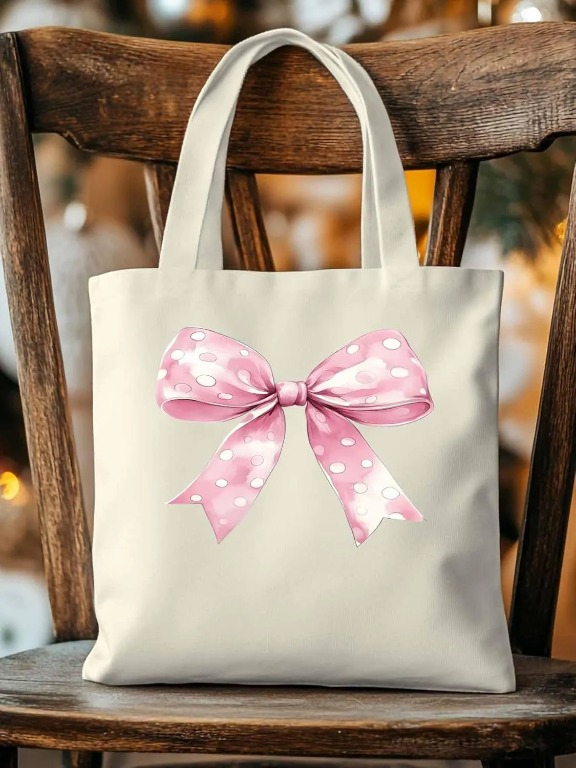 Polka Dot Pink Bowknot Canvas Tote Bag, Aesthetic Canvas Tote Handbags for Women Shoulder Bag