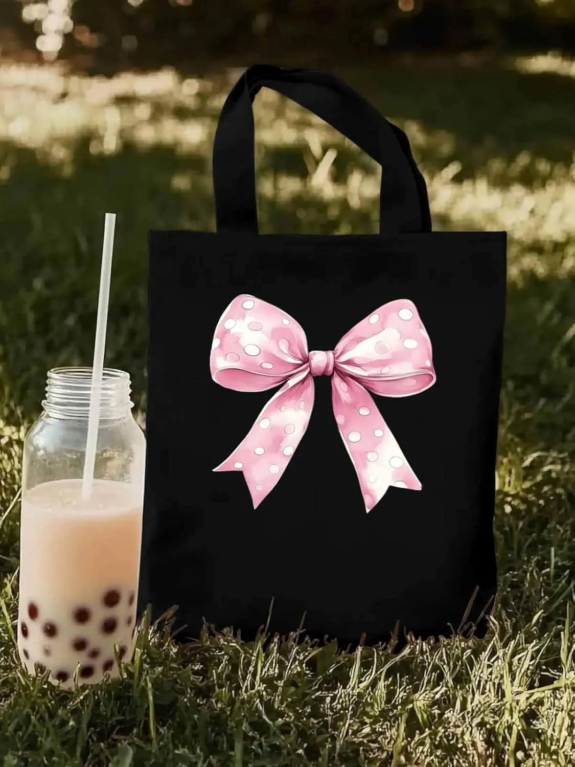 Polka Dot Pink Bowknot Canvas Tote Bag, Aesthetic Canvas Tote Handbags for Women Shoulder Bag