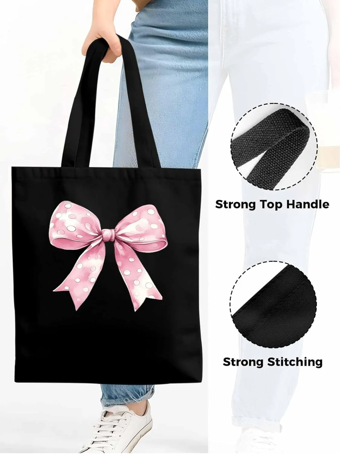 Polka Dot Pink Bowknot Canvas Tote Bag, Aesthetic Canvas Tote Handbags for Women Shoulder Bag