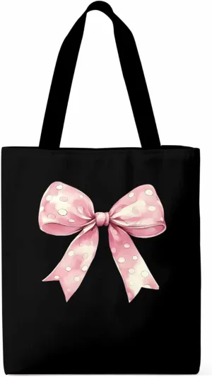 Polka Dot Pink Bowknot Canvas Tote Bag, Aesthetic Canvas Tote Handbags for Women Shoulder Bag