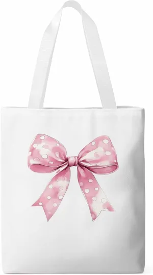 Polka Dot Pink Bowknot Canvas Tote Bag, Aesthetic Canvas Tote Handbags for Women Shoulder Bag