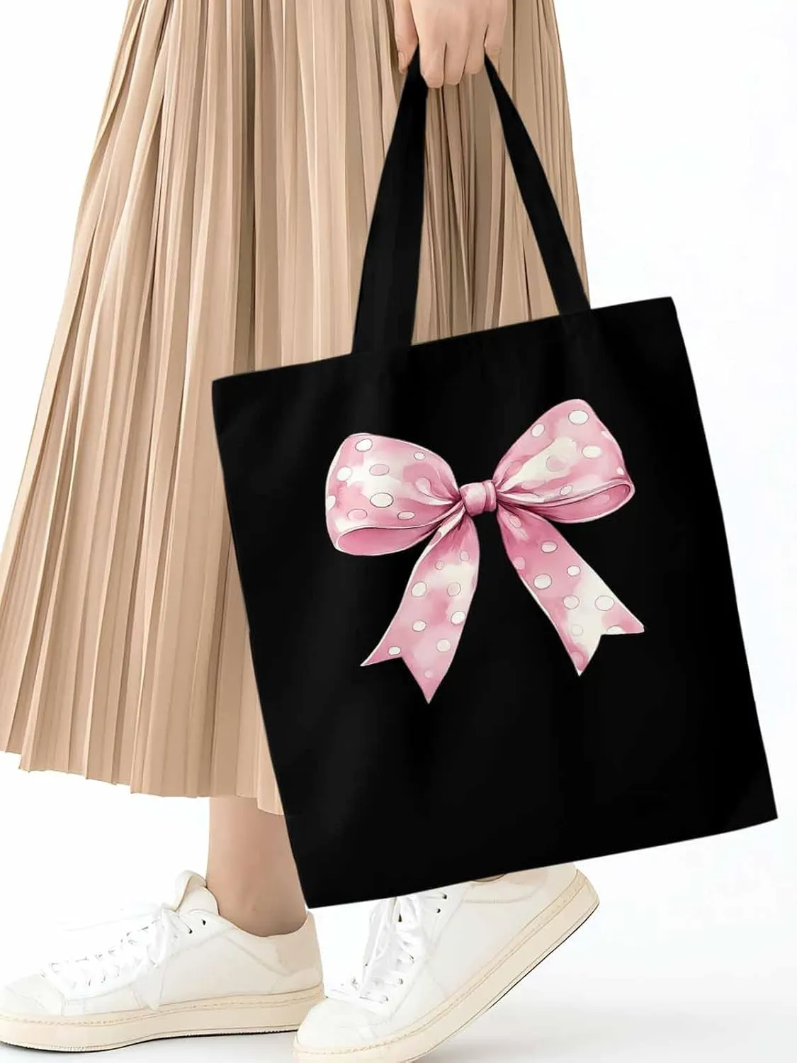 Polka Dot Pink Bowknot Canvas Tote Bag, Aesthetic Canvas Tote Handbags for Women Shoulder Bag