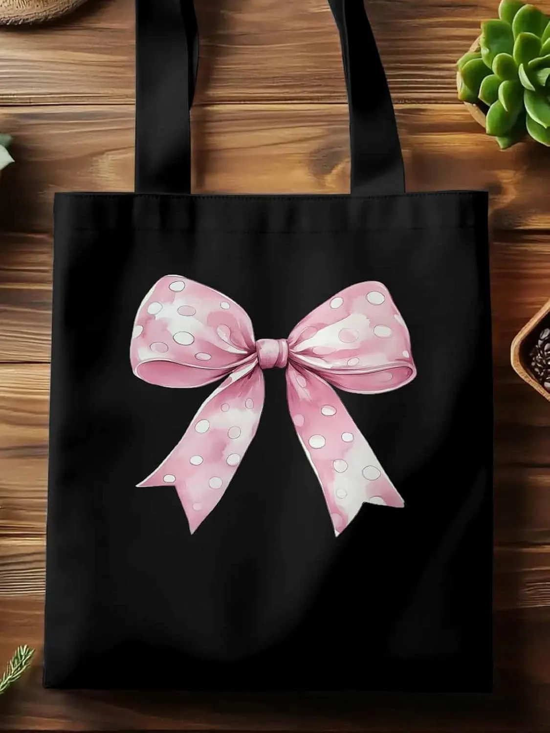 Polka Dot Pink Bowknot Canvas Tote Bag, Aesthetic Canvas Tote Handbags for Women Shoulder Bag
