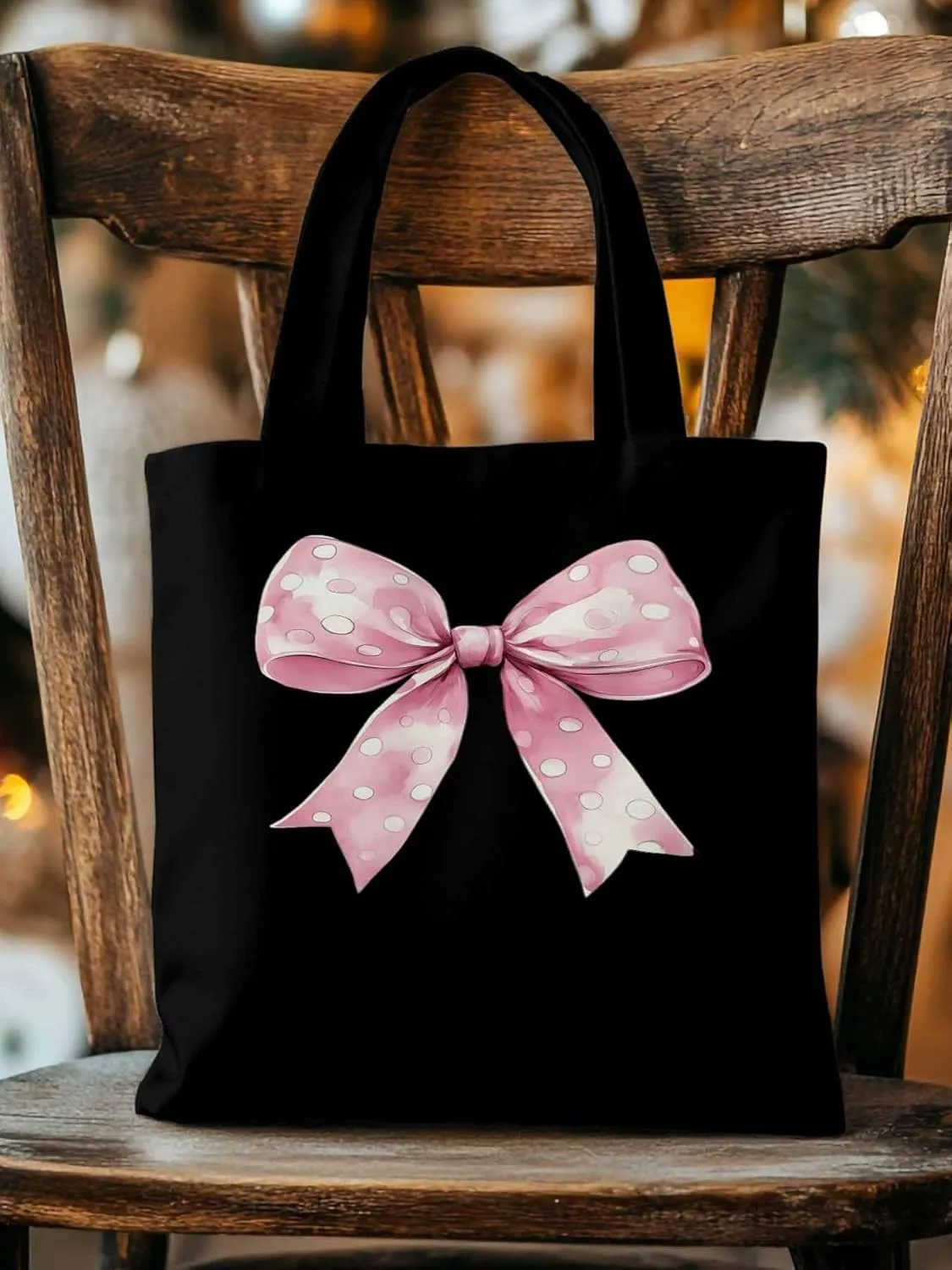 Polka Dot Pink Bowknot Canvas Tote Bag, Aesthetic Canvas Tote Handbags for Women Shoulder Bag