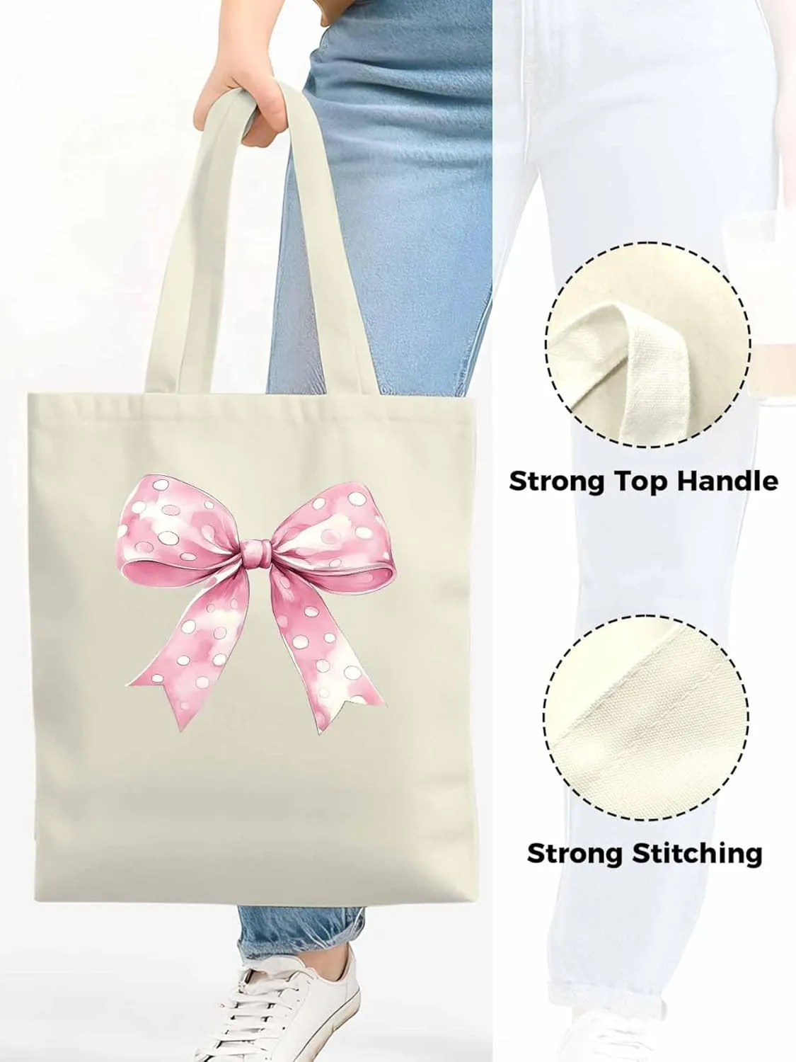 Polka Dot Pink Bowknot Canvas Tote Bag, Aesthetic Canvas Tote Handbags for Women Shoulder Bag
