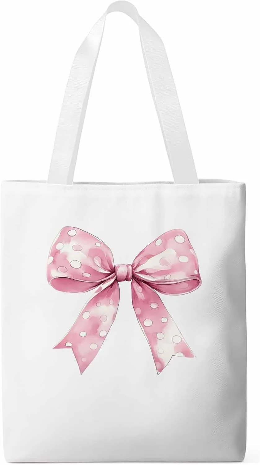 Polka Dot Pink Bowknot Canvas Tote Bag, Aesthetic Canvas Tote Handbags for Women Shoulder Bag