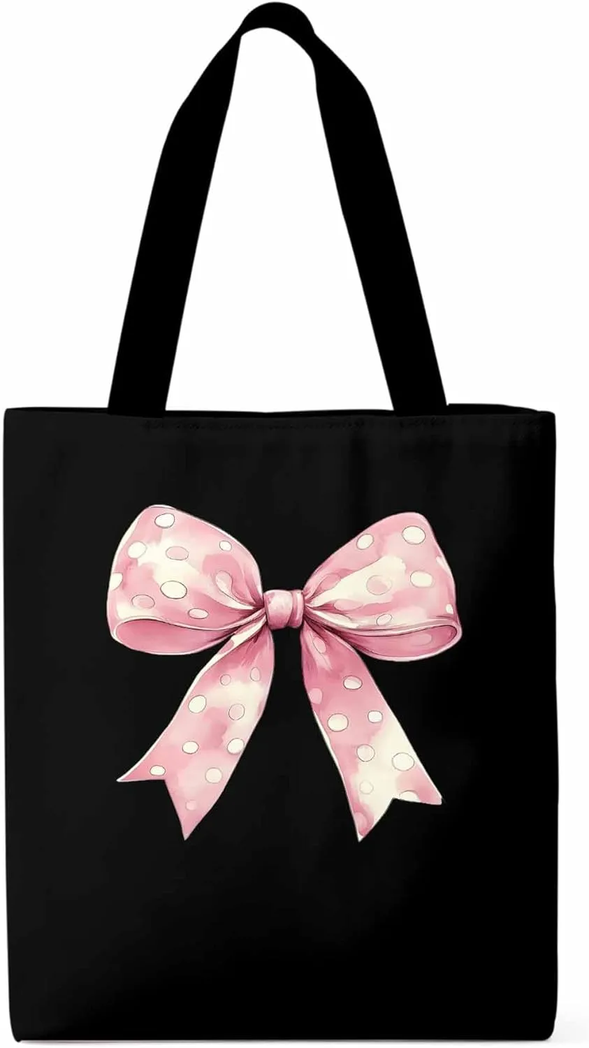 Polka Dot Pink Bowknot Canvas Tote Bag, Aesthetic Canvas Tote Handbags for Women Shoulder Bag