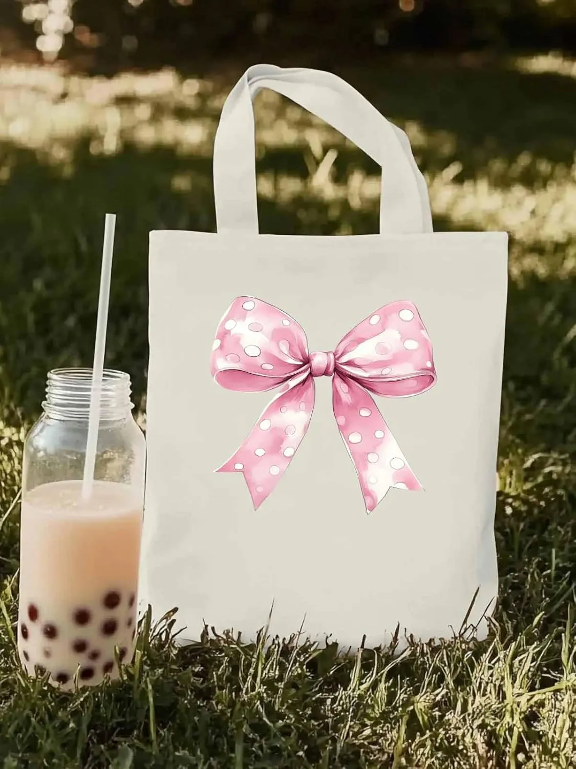 Polka Dot Pink Bowknot Canvas Tote Bag, Aesthetic Canvas Tote Handbags for Women Shoulder Bag