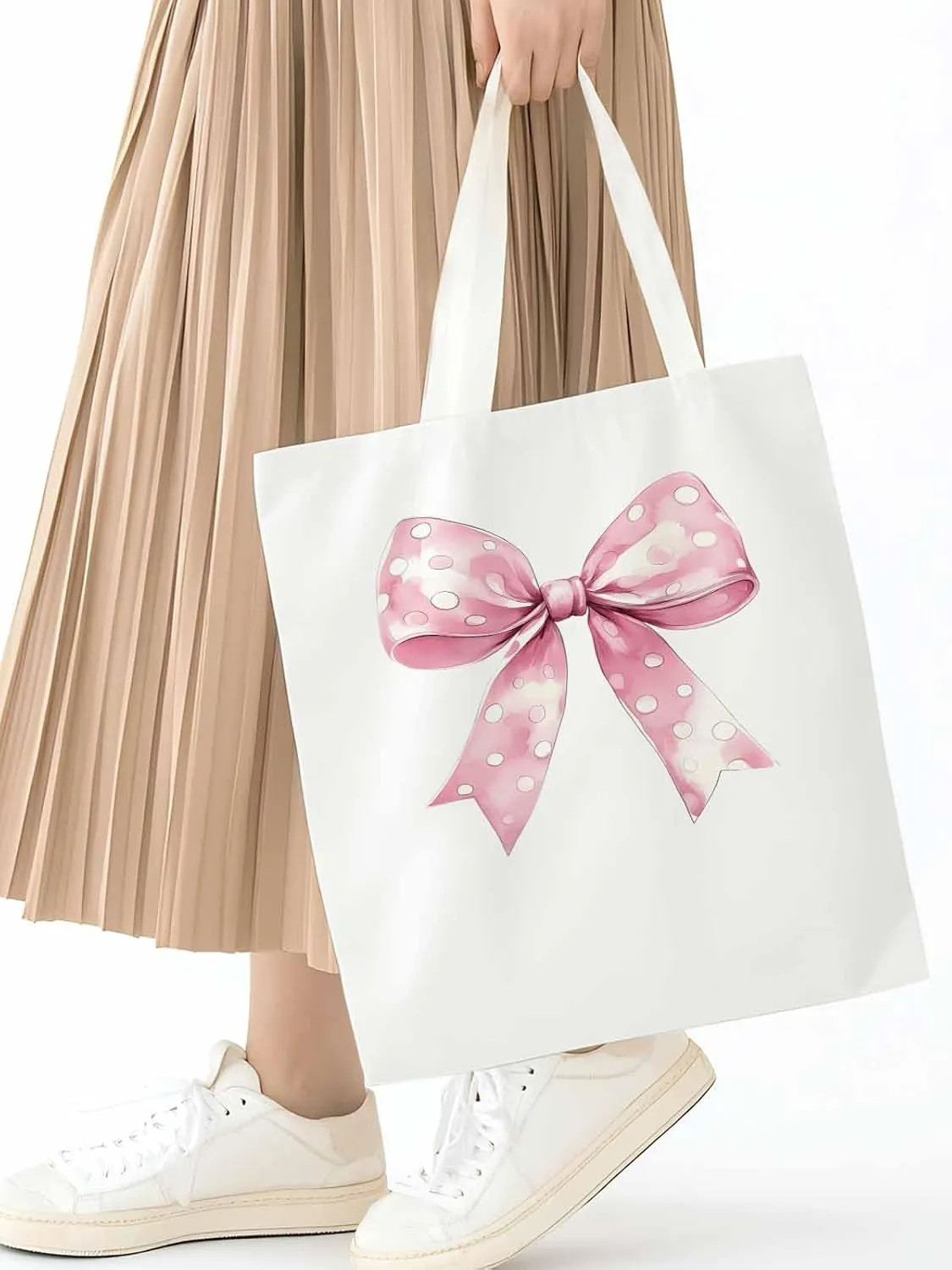 Polka Dot Pink Bowknot Canvas Tote Bag, Aesthetic Canvas Tote Handbags for Women Shoulder Bag