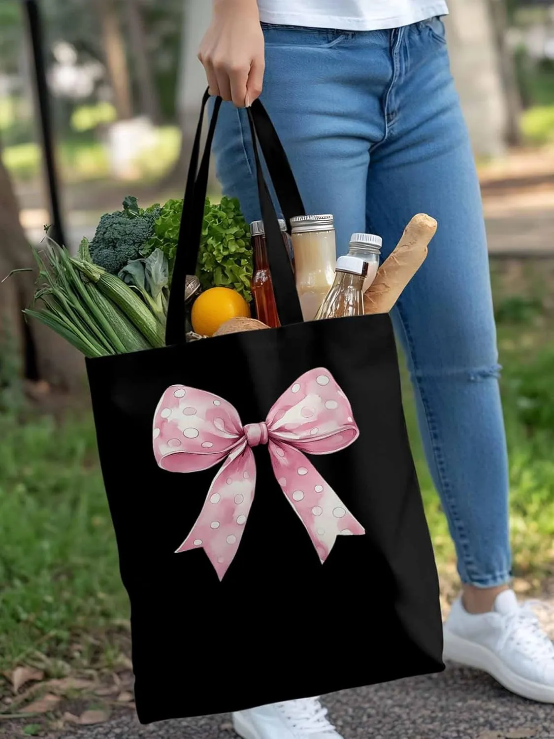Polka Dot Pink Bowknot Canvas Tote Bag, Aesthetic Canvas Tote Handbags for Women Shoulder Bag