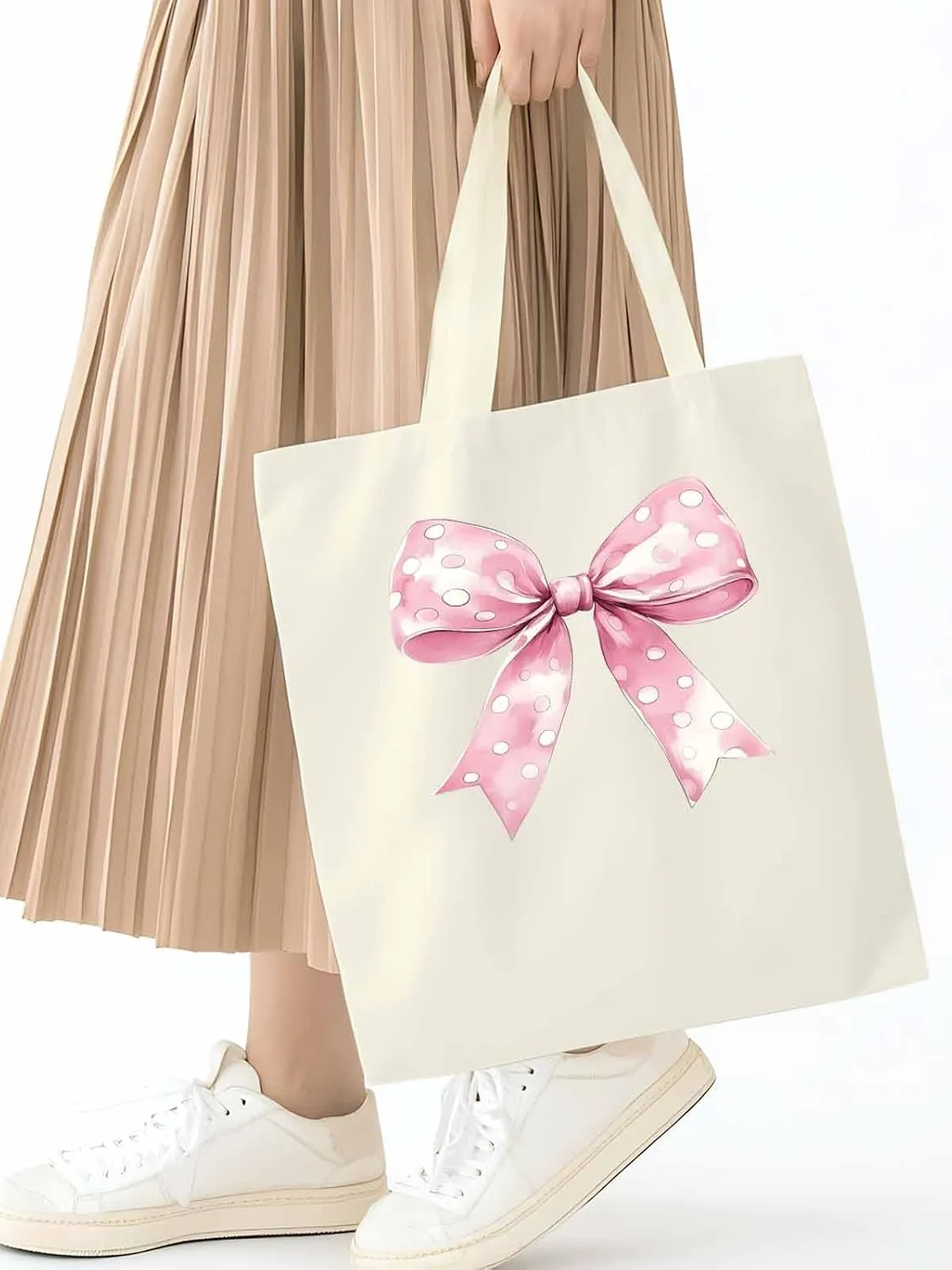 Polka Dot Pink Bowknot Canvas Tote Bag, Aesthetic Canvas Tote Handbags for Women Shoulder Bag