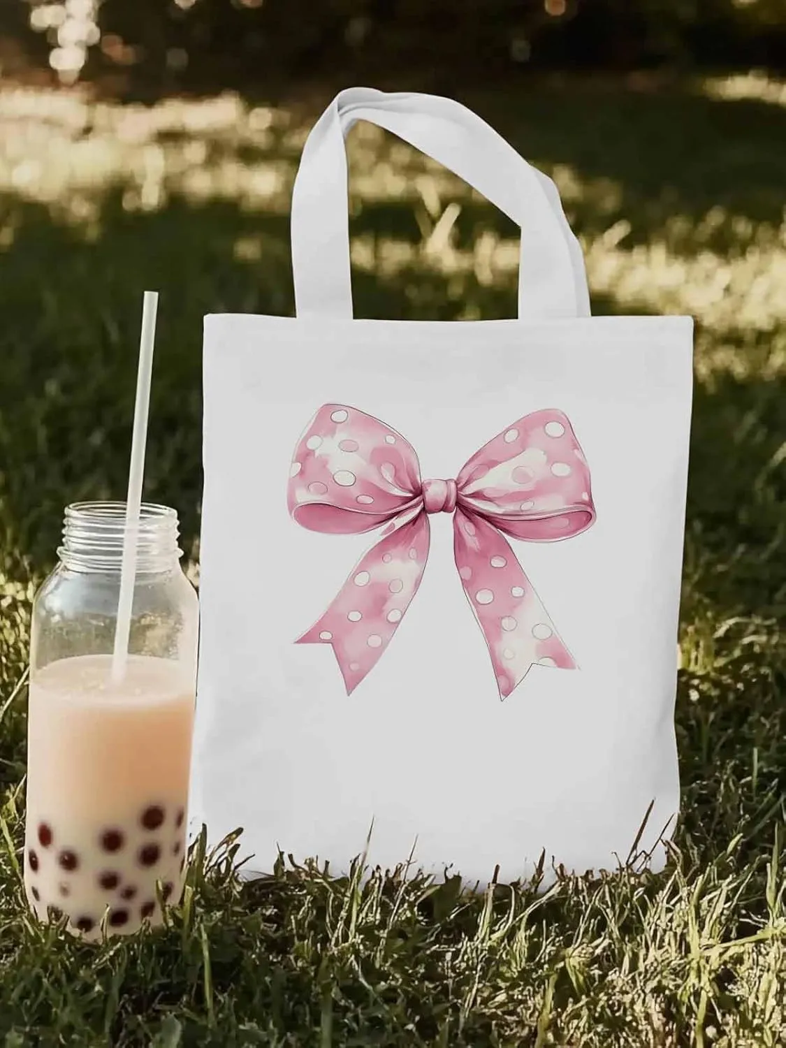 Polka Dot Pink Bowknot Canvas Tote Bag, Aesthetic Canvas Tote Handbags for Women Shoulder Bag