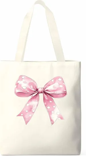 Polka Dot Pink Bowknot Canvas Tote Bag, Aesthetic Canvas Tote Handbags for Women Shoulder Bag