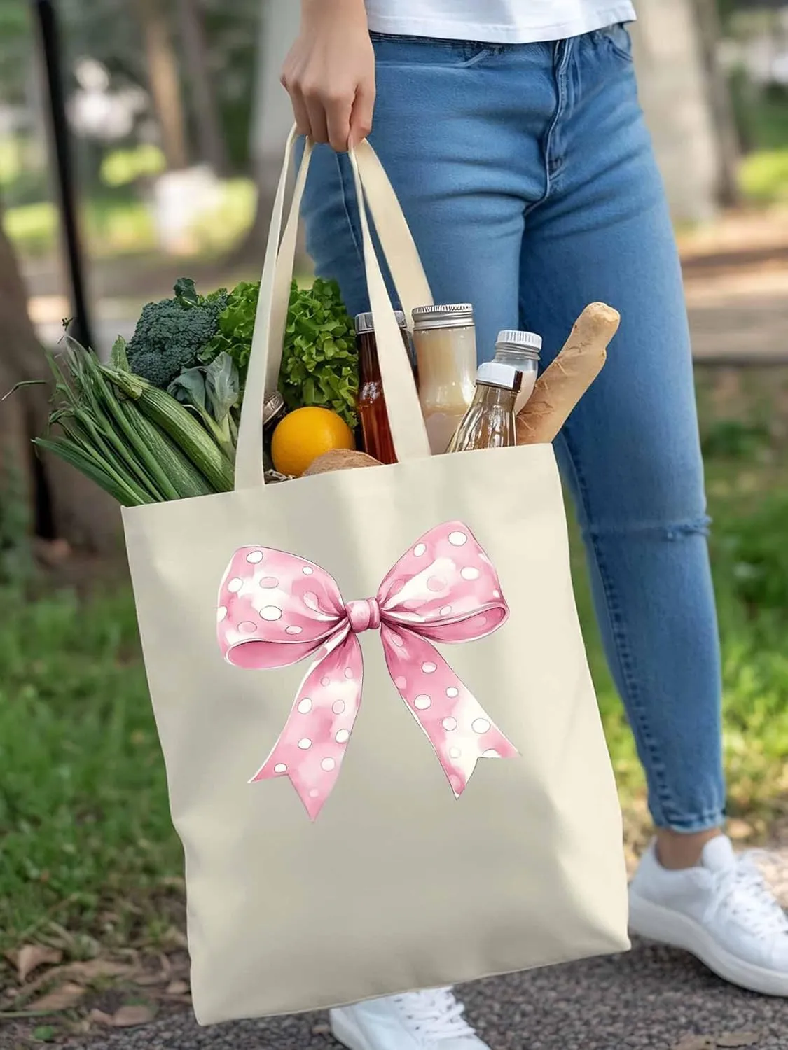 Polka Dot Pink Bowknot Canvas Tote Bag, Aesthetic Canvas Tote Handbags for Women Shoulder Bag