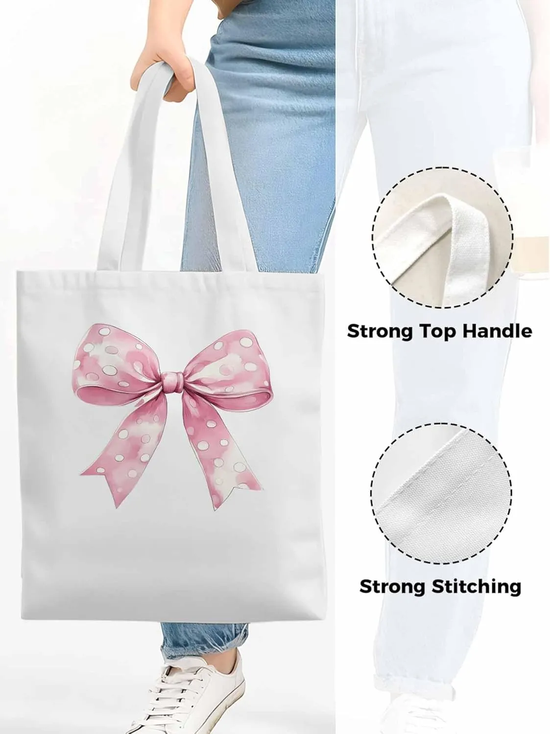 Polka Dot Pink Bowknot Canvas Tote Bag, Aesthetic Canvas Tote Handbags for Women Shoulder Bag