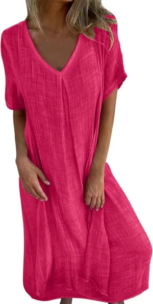 PTOLOCIF Midi Dress for Women,2025 Cotton Linen Summer Elegant V Neck Short Sleeve Beach Dress Trendy Flowy Boho Tshirt Dress