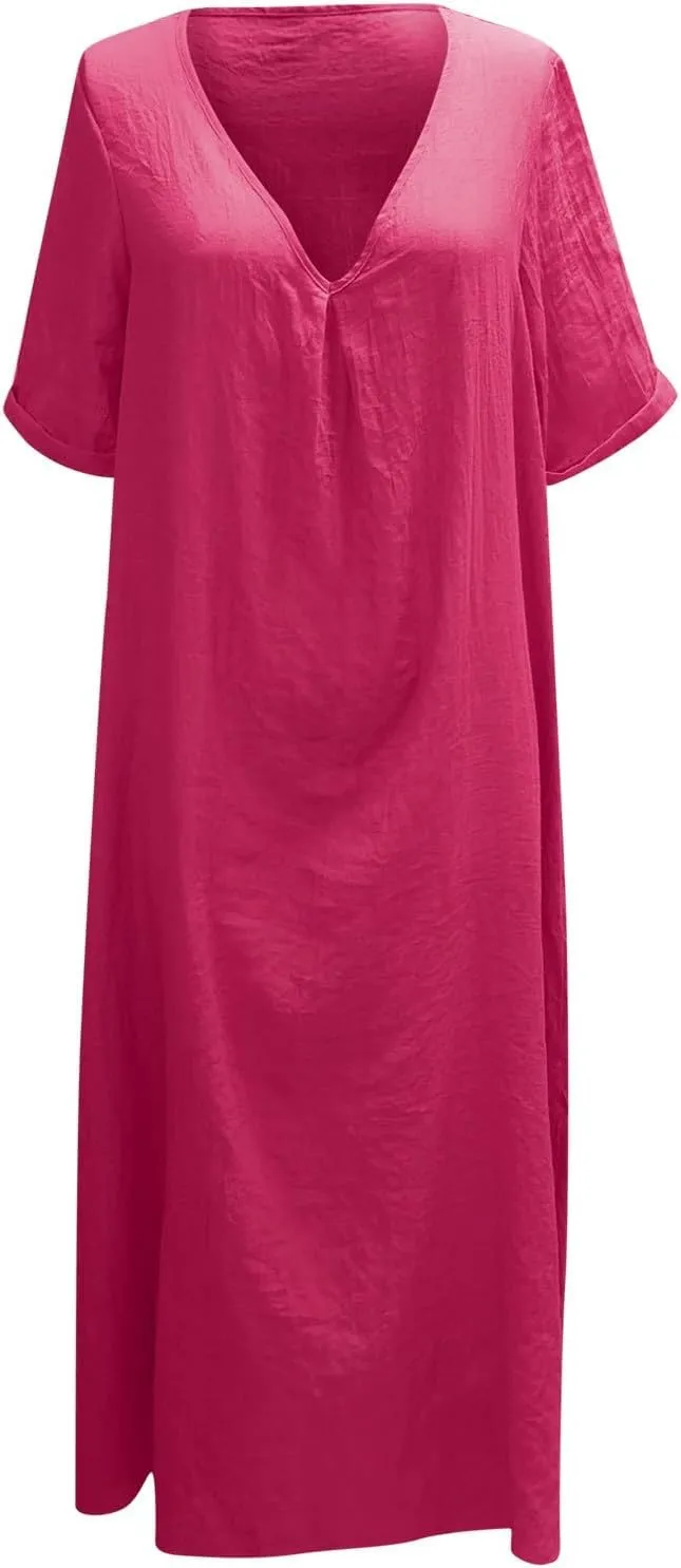 PTOLOCIF Midi Dress for Women,2025 Cotton Linen Summer Elegant V Neck Short Sleeve Beach Dress Trendy Flowy Boho Tshirt Dress