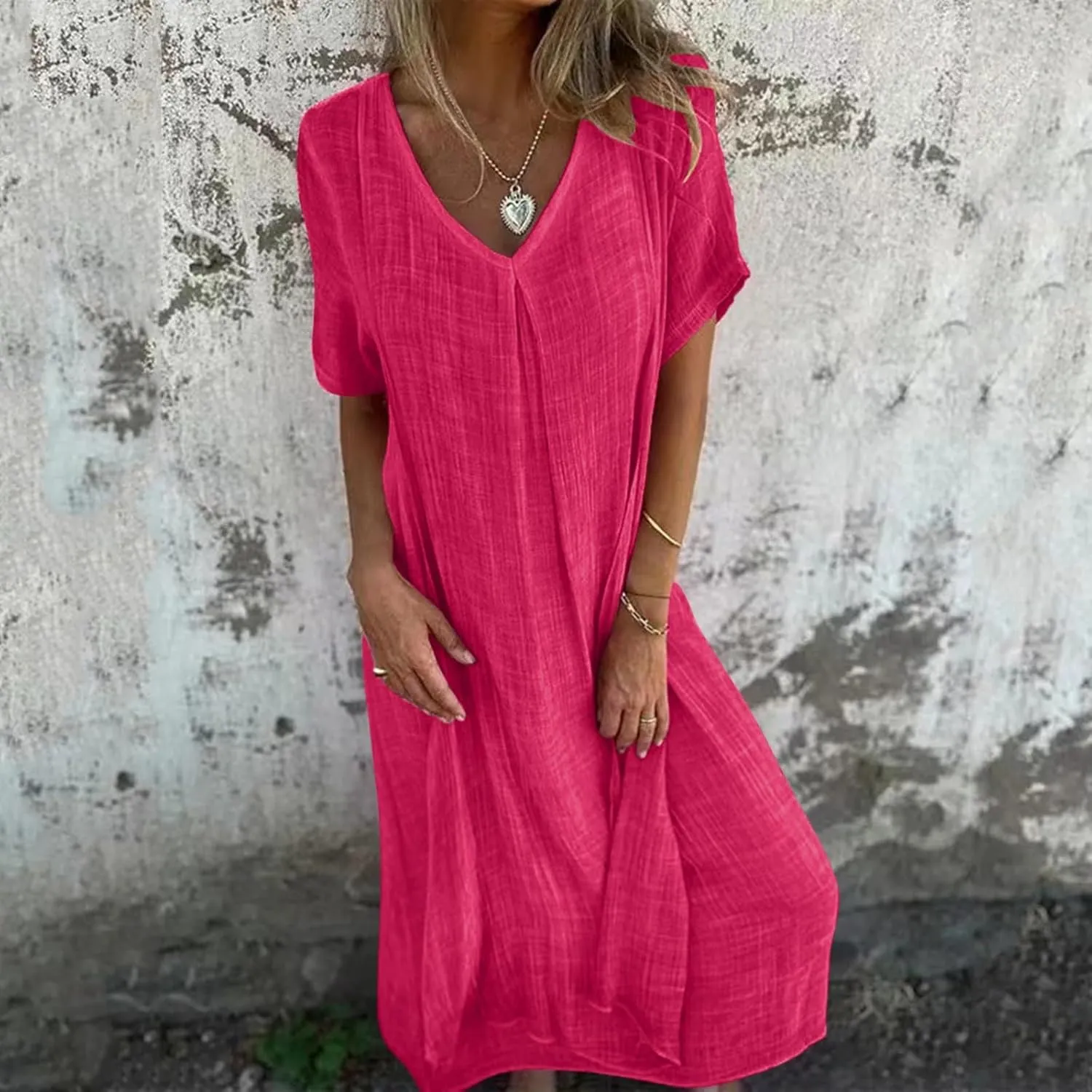 PTOLOCIF Midi Dress for Women,2025 Cotton Linen Summer Elegant V Neck Short Sleeve Beach Dress Trendy Flowy Boho Tshirt Dress