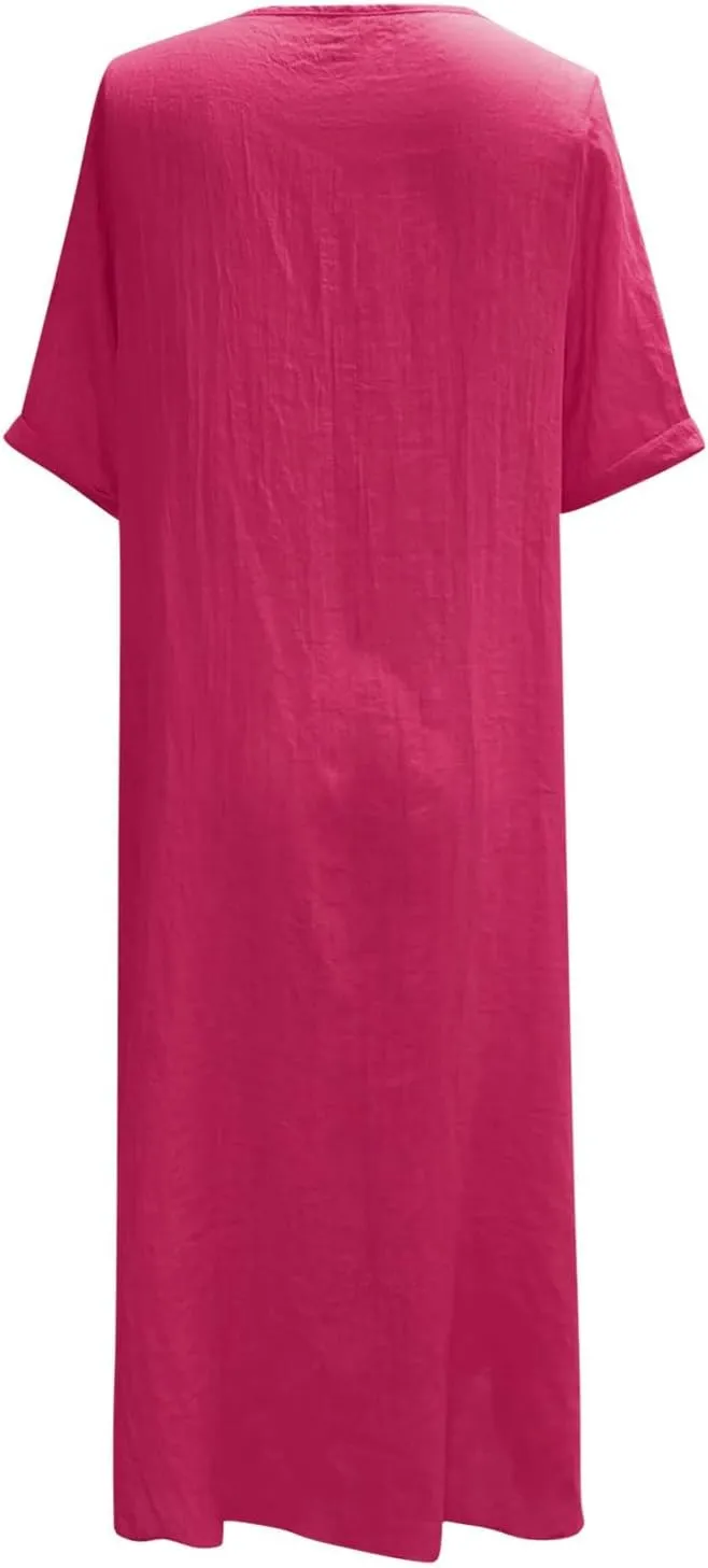 PTOLOCIF Midi Dress for Women,2025 Cotton Linen Summer Elegant V Neck Short Sleeve Beach Dress Trendy Flowy Boho Tshirt Dress