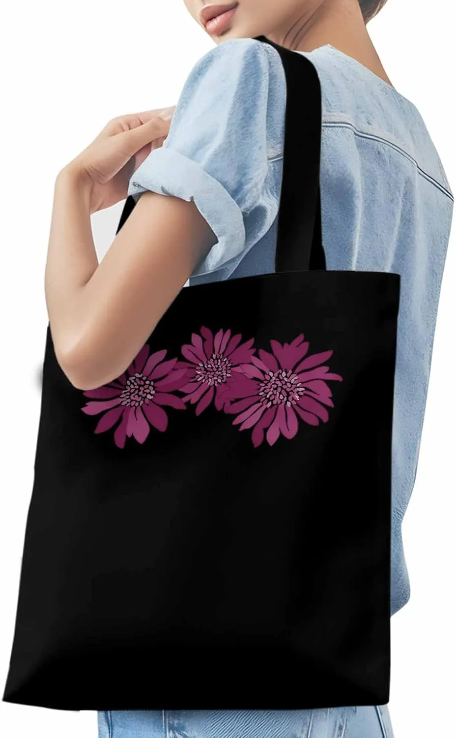 Purple Botanical Flowers Canvas Tote Bag, Aesthetic Canvas Tote Handbags for Women Shoulder Bag
