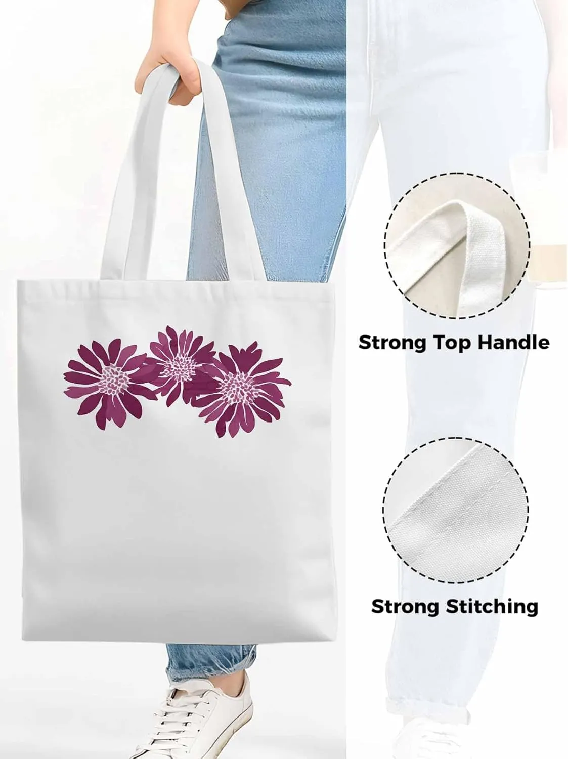 Purple Botanical Flowers Canvas Tote Bag, Aesthetic Canvas Tote Handbags for Women Shoulder Bag
