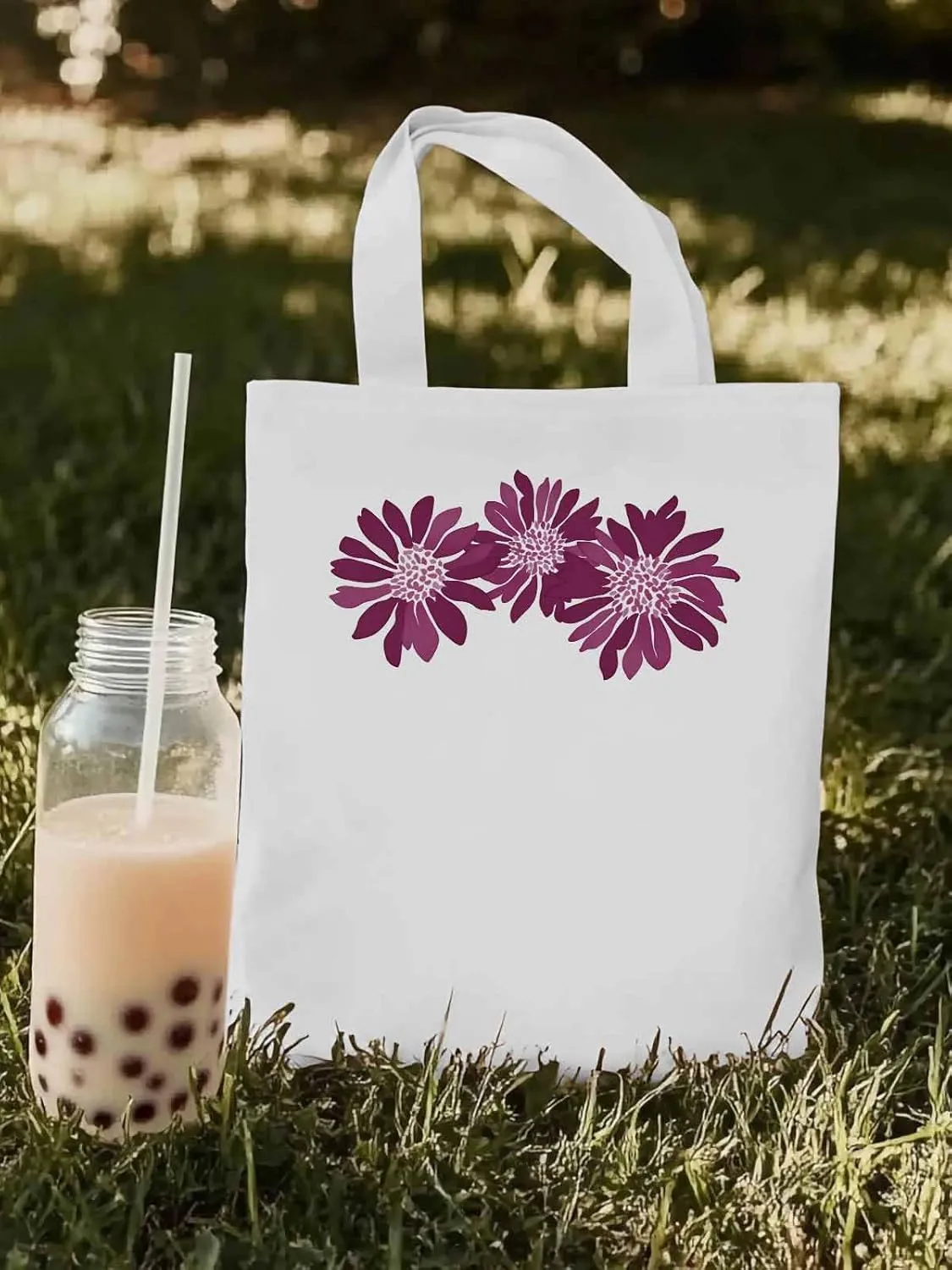 Purple Botanical Flowers Canvas Tote Bag, Aesthetic Canvas Tote Handbags for Women Shoulder Bag