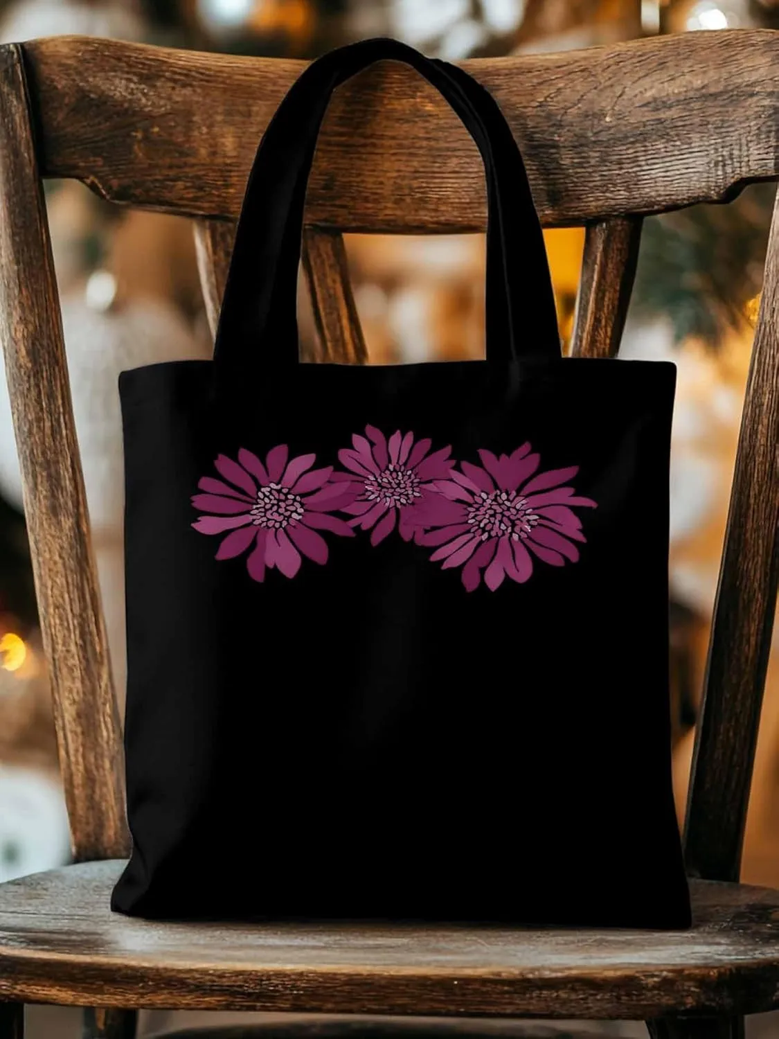 Purple Botanical Flowers Canvas Tote Bag, Aesthetic Canvas Tote Handbags for Women Shoulder Bag