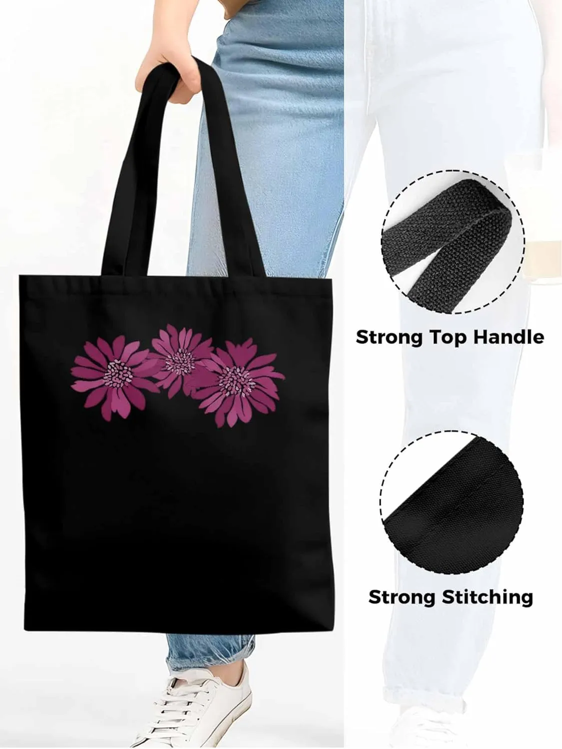Purple Botanical Flowers Canvas Tote Bag, Aesthetic Canvas Tote Handbags for Women Shoulder Bag
