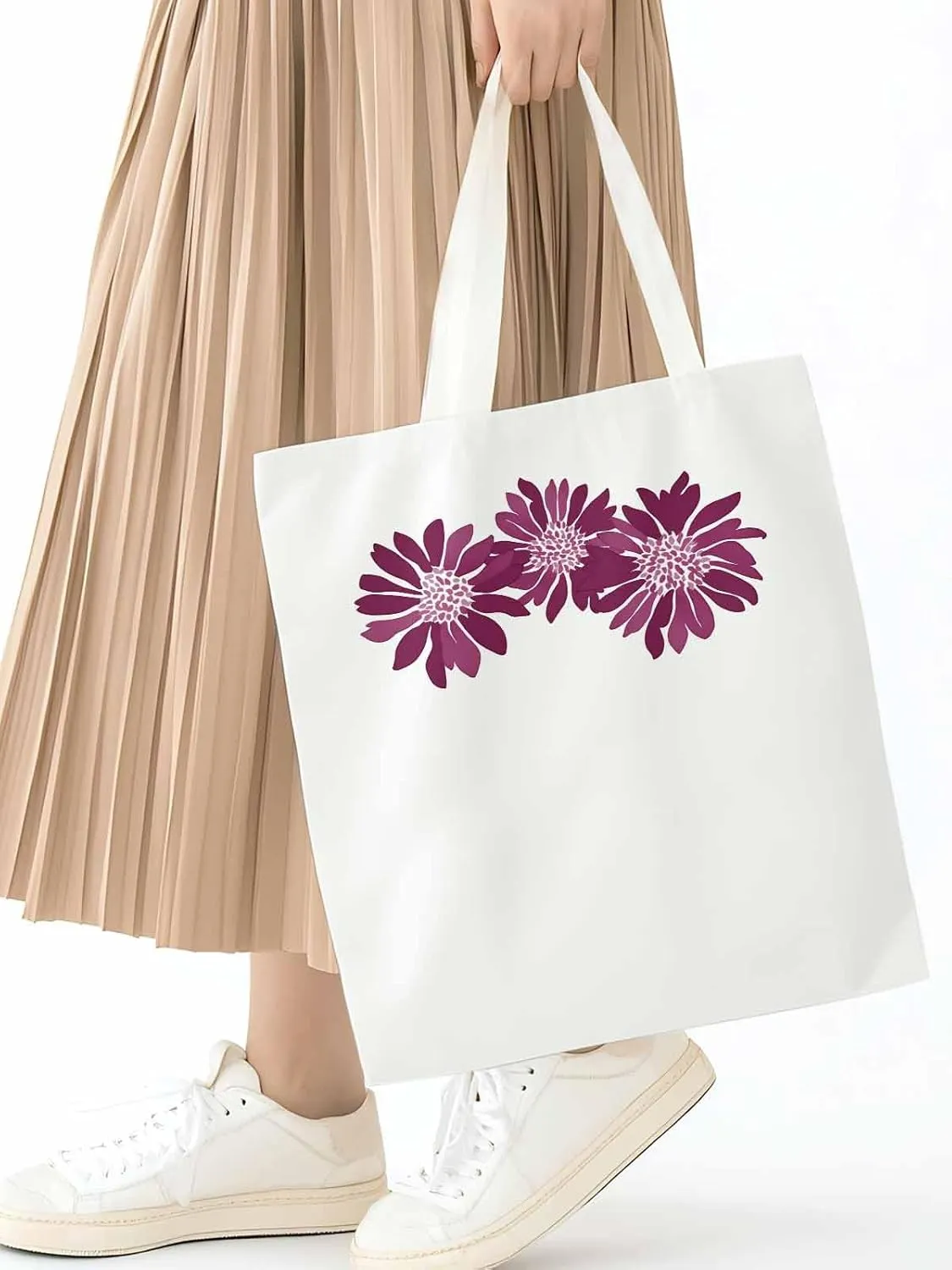 Purple Botanical Flowers Canvas Tote Bag, Aesthetic Canvas Tote Handbags for Women Shoulder Bag