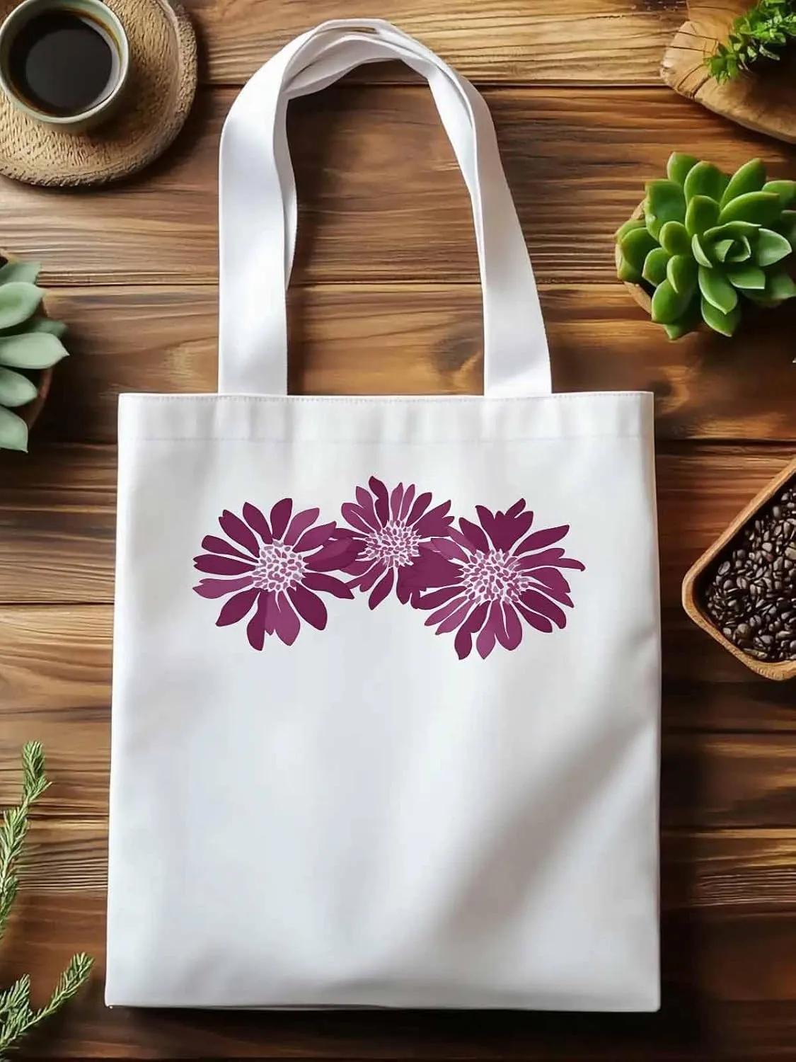 Purple Botanical Flowers Canvas Tote Bag, Aesthetic Canvas Tote Handbags for Women Shoulder Bag