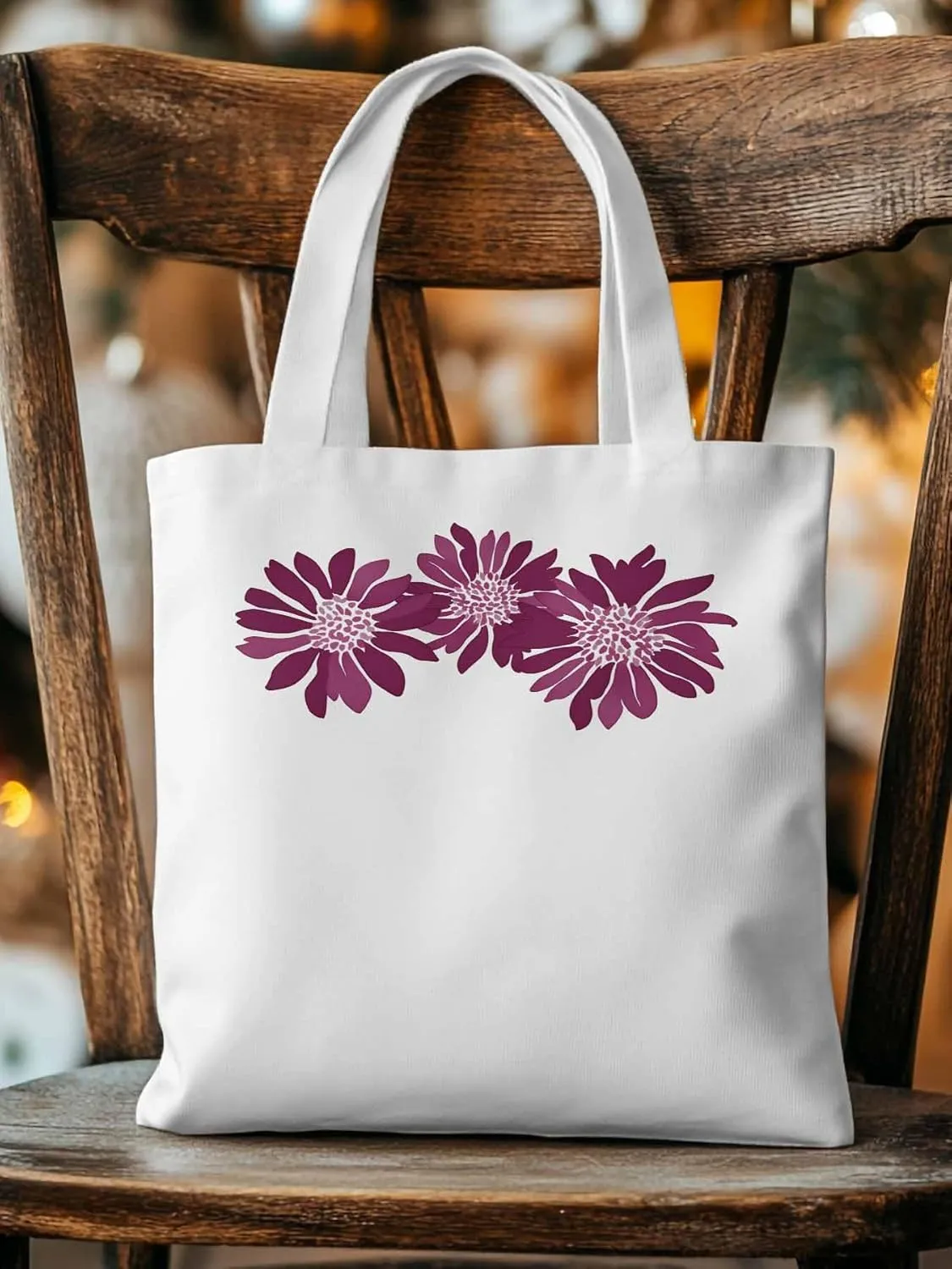 Purple Botanical Flowers Canvas Tote Bag, Aesthetic Canvas Tote Handbags for Women Shoulder Bag