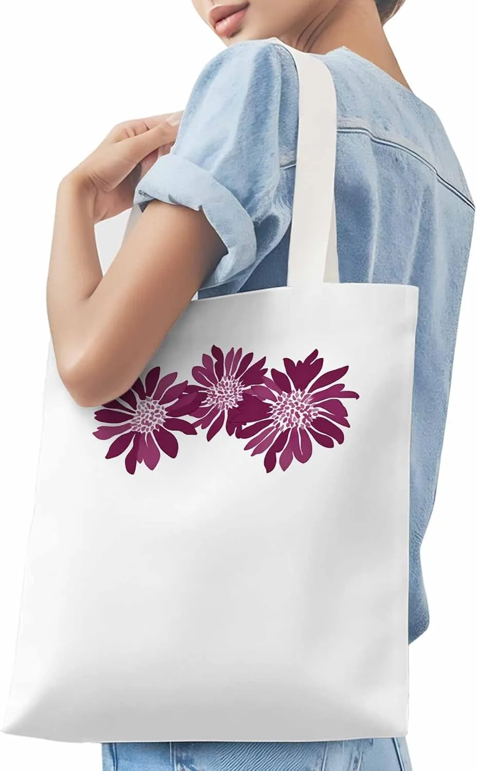 Purple Botanical Flowers Canvas Tote Bag, Aesthetic Canvas Tote Handbags for Women Shoulder Bag