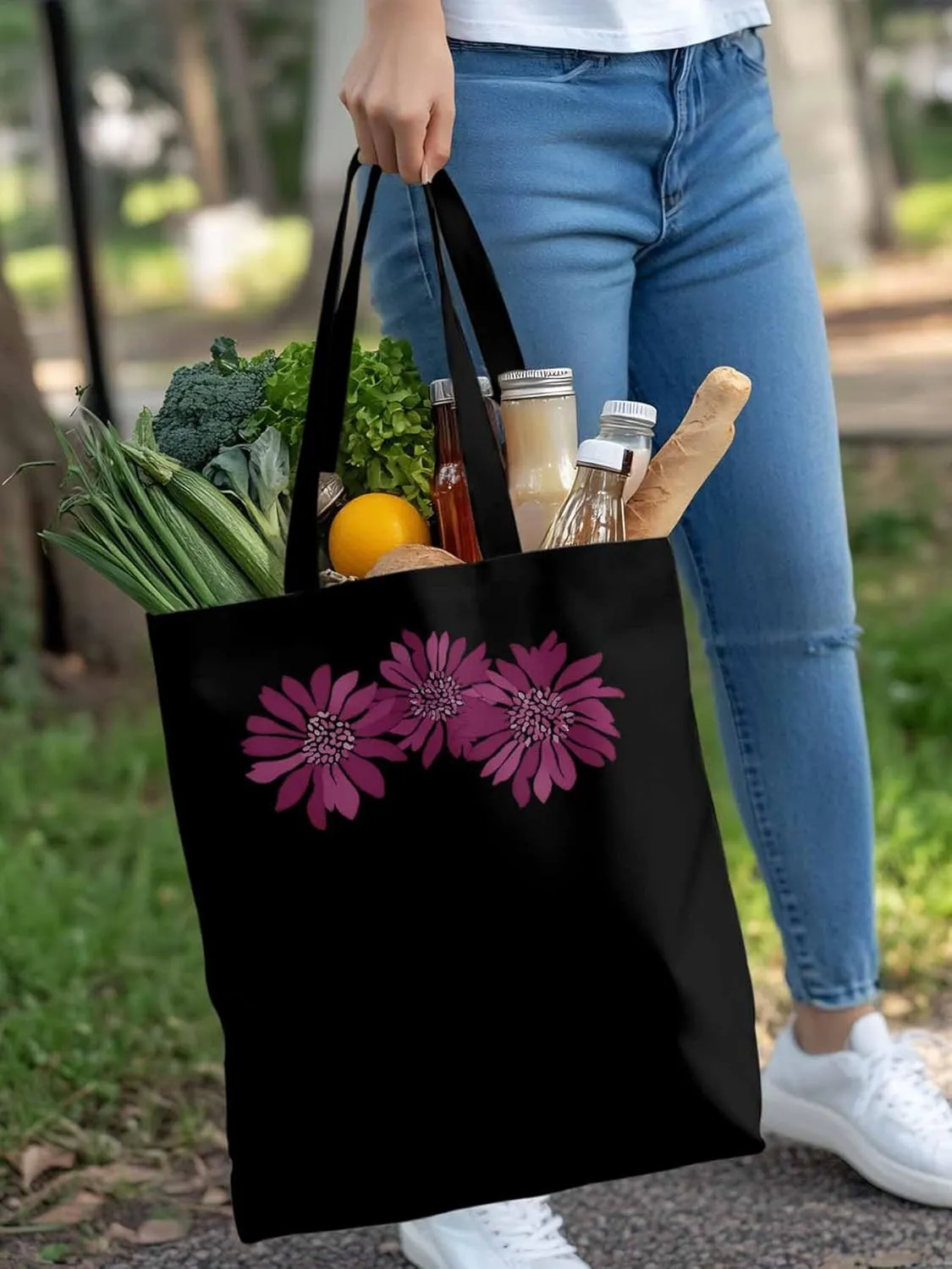Purple Botanical Flowers Canvas Tote Bag, Aesthetic Canvas Tote Handbags for Women Shoulder Bag