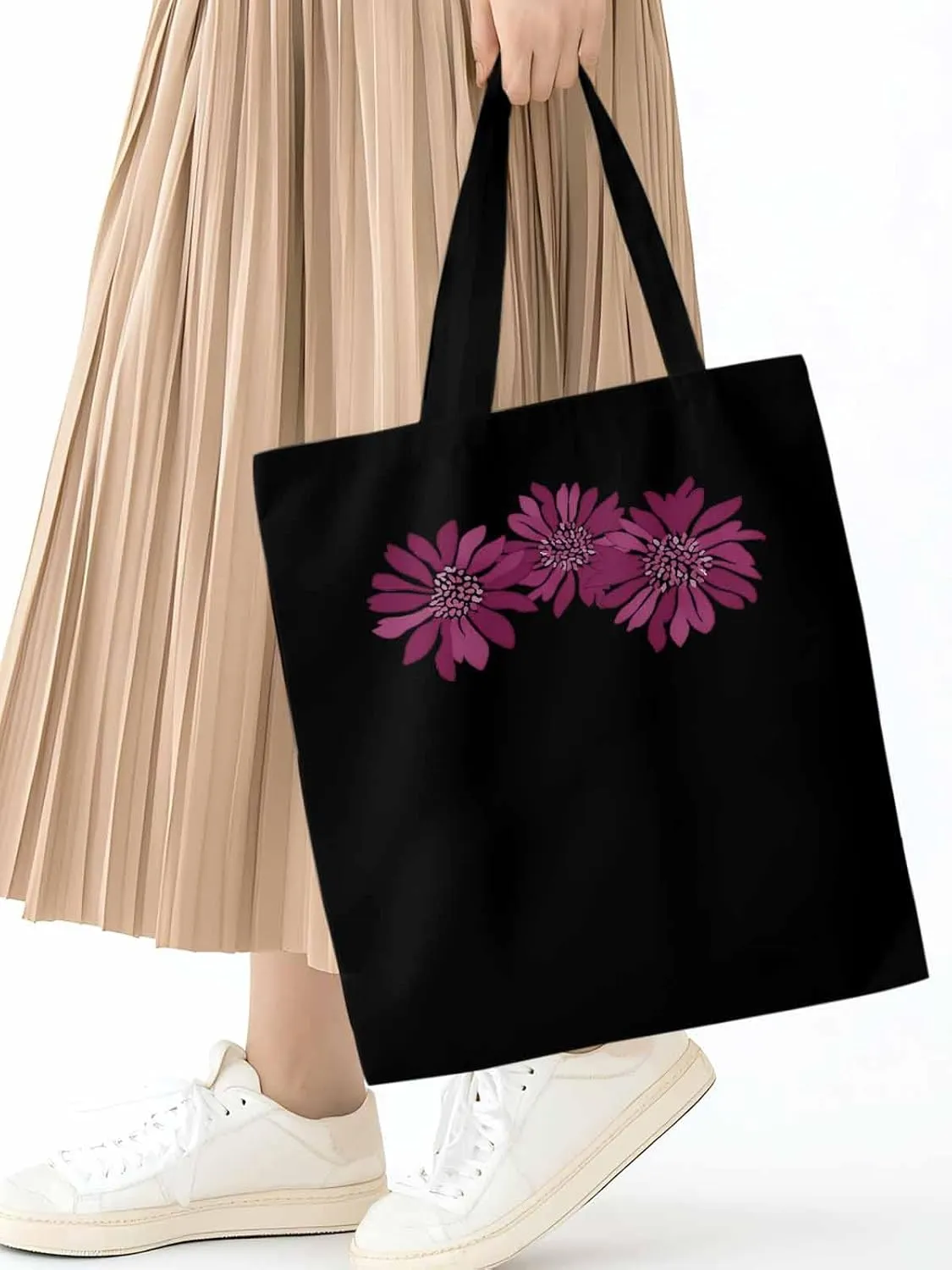 Purple Botanical Flowers Canvas Tote Bag, Aesthetic Canvas Tote Handbags for Women Shoulder Bag