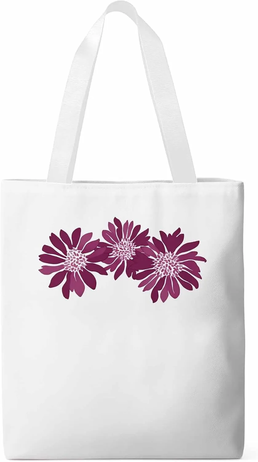 Purple Botanical Flowers Canvas Tote Bag, Aesthetic Canvas Tote Handbags for Women Shoulder Bag