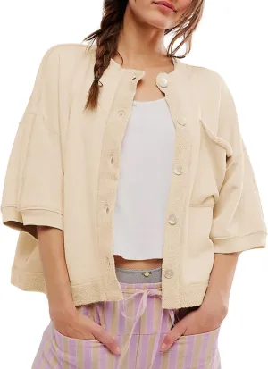 QIBABU Womens Button Down Cardigan Casual Open Front 3/4 Sleeve Crewneck Sweatshirt Tops(2142-Beige-S-QB)