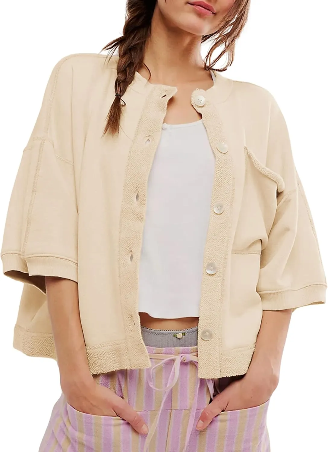 QIBABU Womens Button Down Cardigan Casual Open Front 3/4 Sleeve Crewneck Sweatshirt Tops(2142-Beige-S-QB)