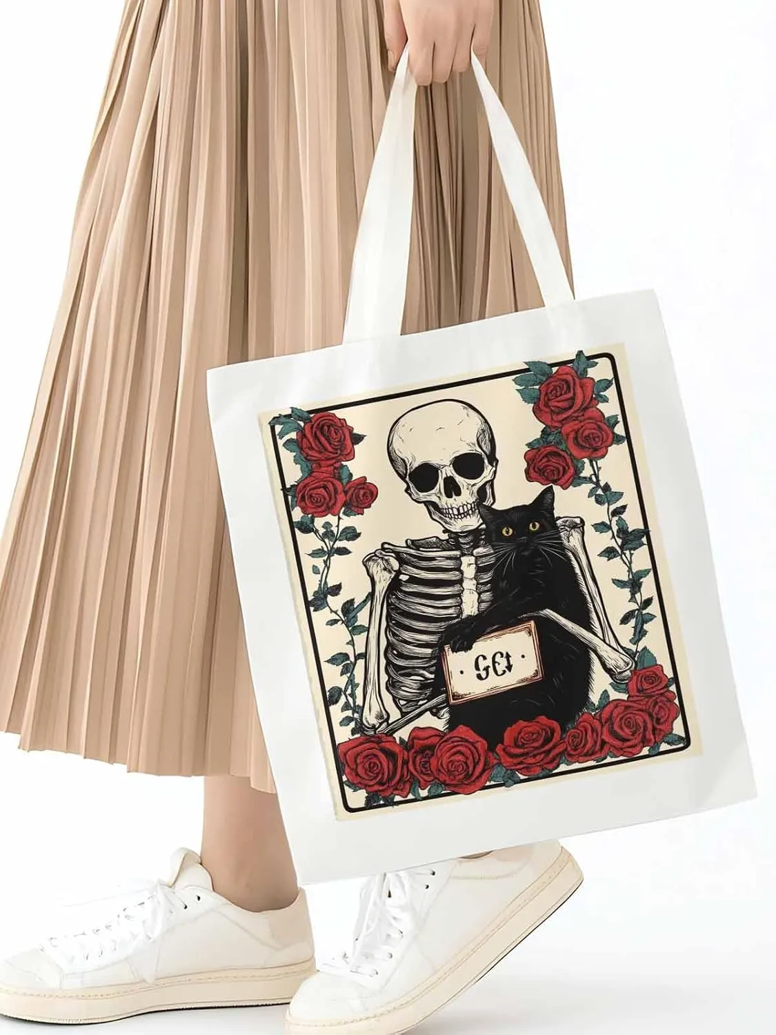 Red Roses Skull Cat Canvas Tote Bag, Aesthetic Canvas Tote Handbags for Women Shoulder Bag