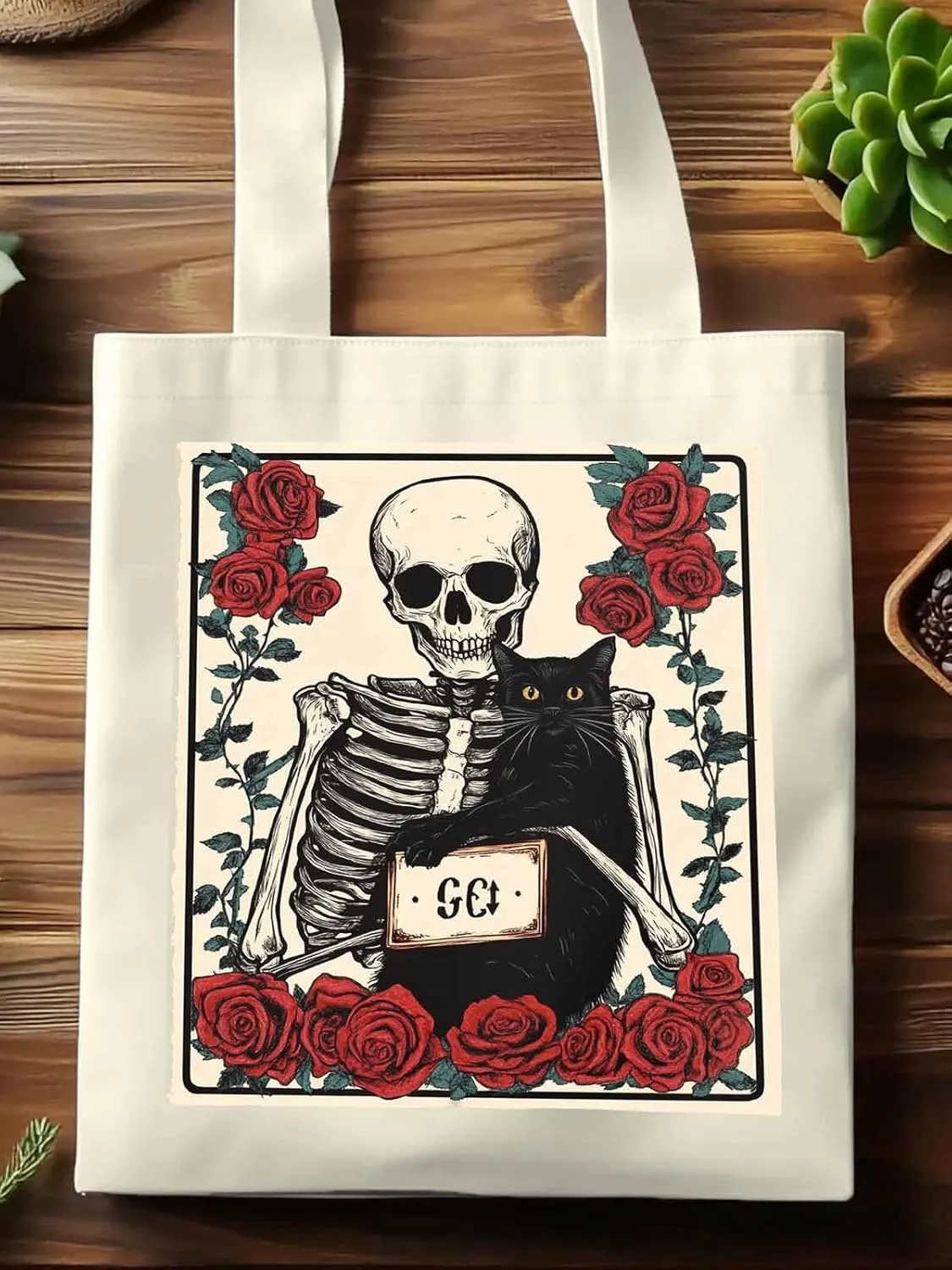 Red Roses Skull Cat Canvas Tote Bag, Aesthetic Canvas Tote Handbags for Women Shoulder Bag