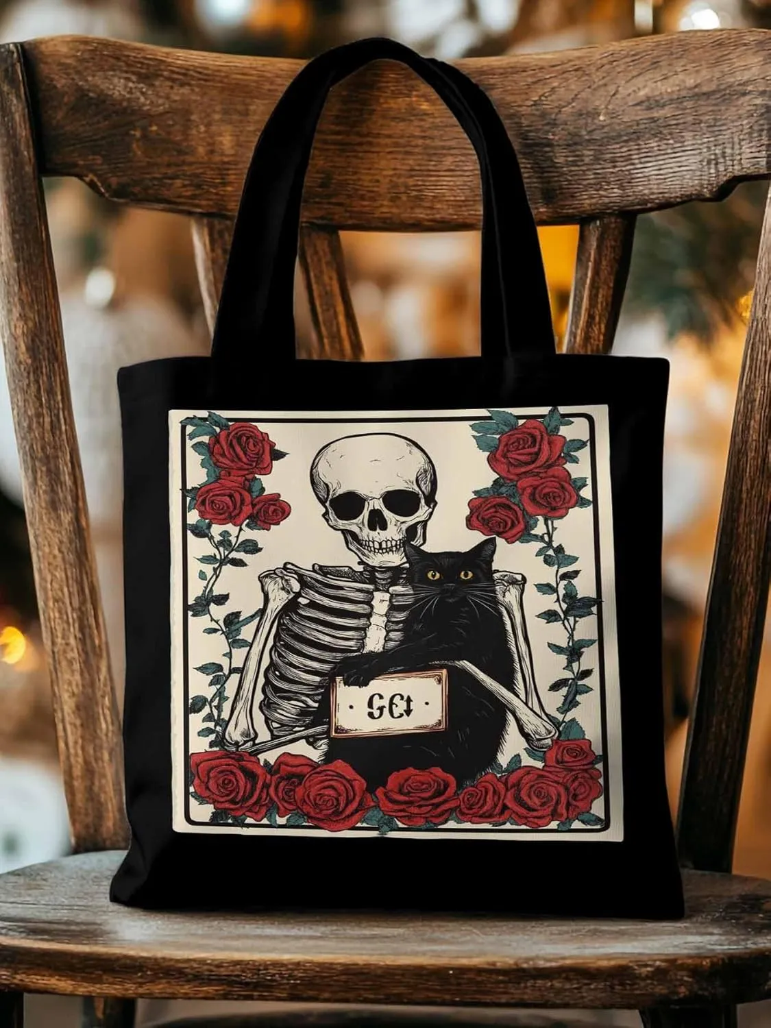 Red Roses Skull Cat Canvas Tote Bag, Aesthetic Canvas Tote Handbags for Women Shoulder Bag