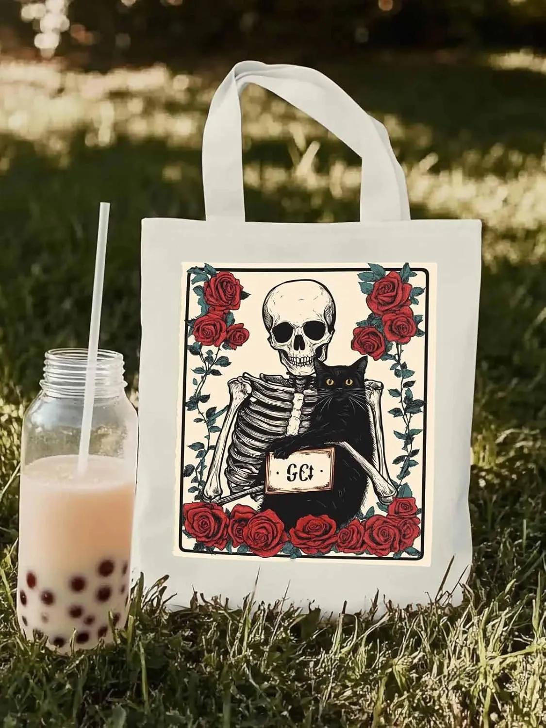 Red Roses Skull Cat Canvas Tote Bag, Aesthetic Canvas Tote Handbags for Women Shoulder Bag