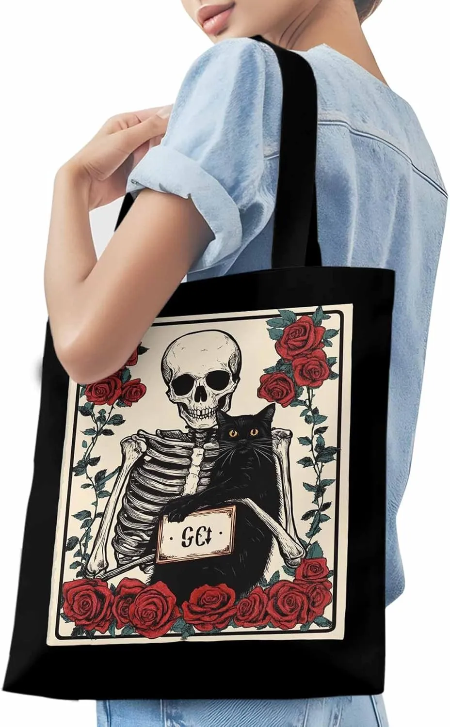 Red Roses Skull Cat Canvas Tote Bag, Aesthetic Canvas Tote Handbags for Women Shoulder Bag