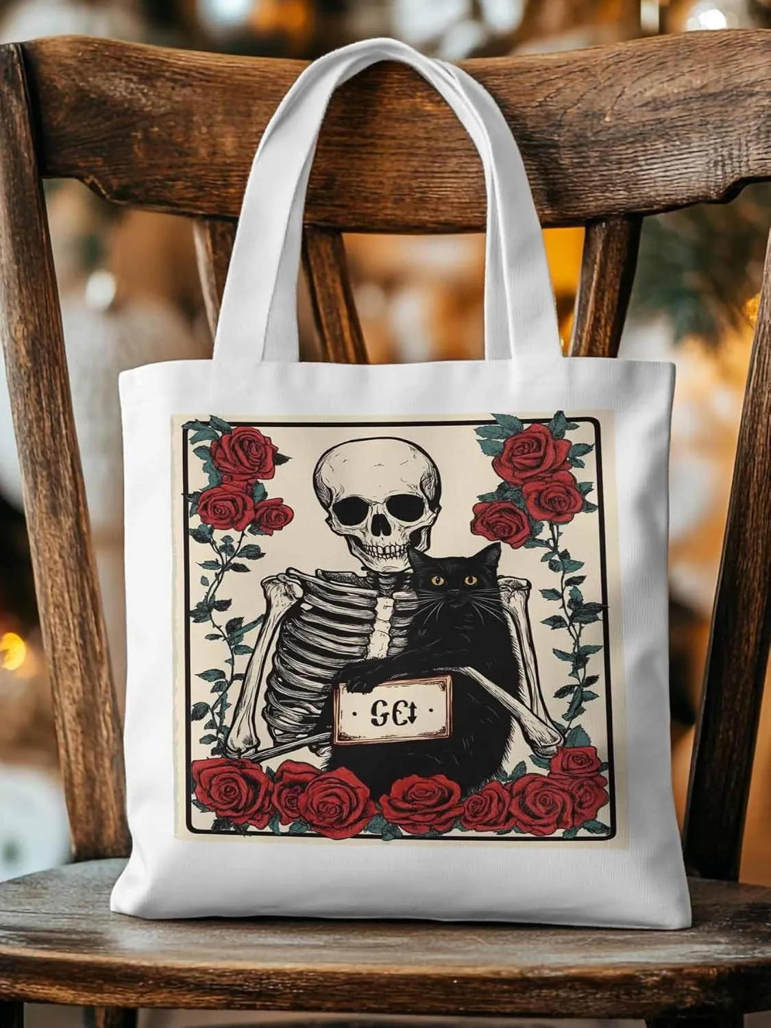 Red Roses Skull Cat Canvas Tote Bag, Aesthetic Canvas Tote Handbags for Women Shoulder Bag