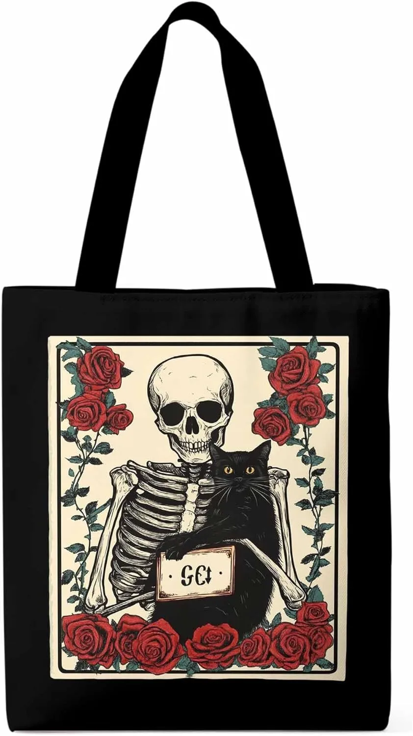 Red Roses Skull Cat Canvas Tote Bag, Aesthetic Canvas Tote Handbags for Women Shoulder Bag
