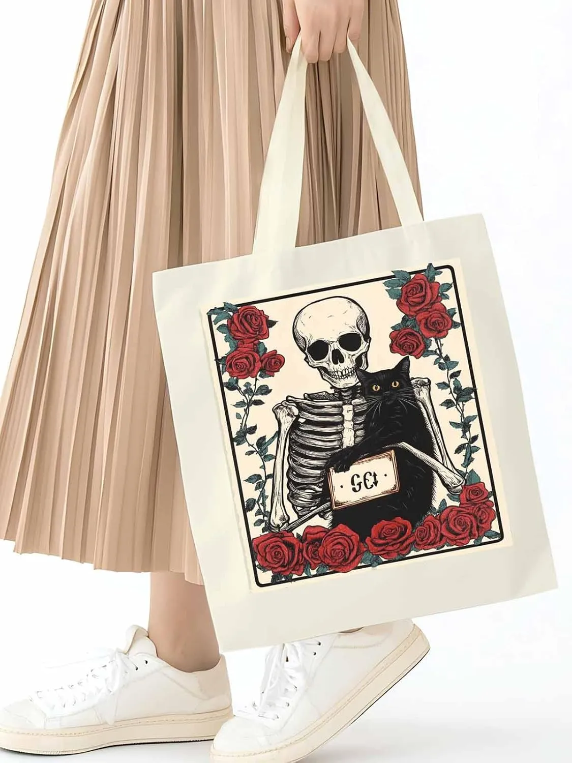 Red Roses Skull Cat Canvas Tote Bag, Aesthetic Canvas Tote Handbags for Women Shoulder Bag