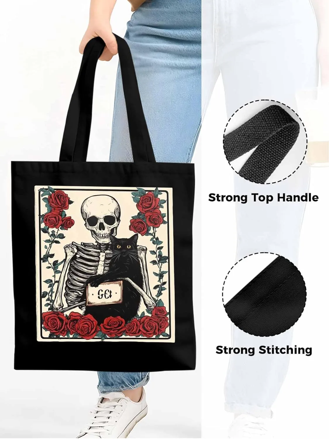 Red Roses Skull Cat Canvas Tote Bag, Aesthetic Canvas Tote Handbags for Women Shoulder Bag