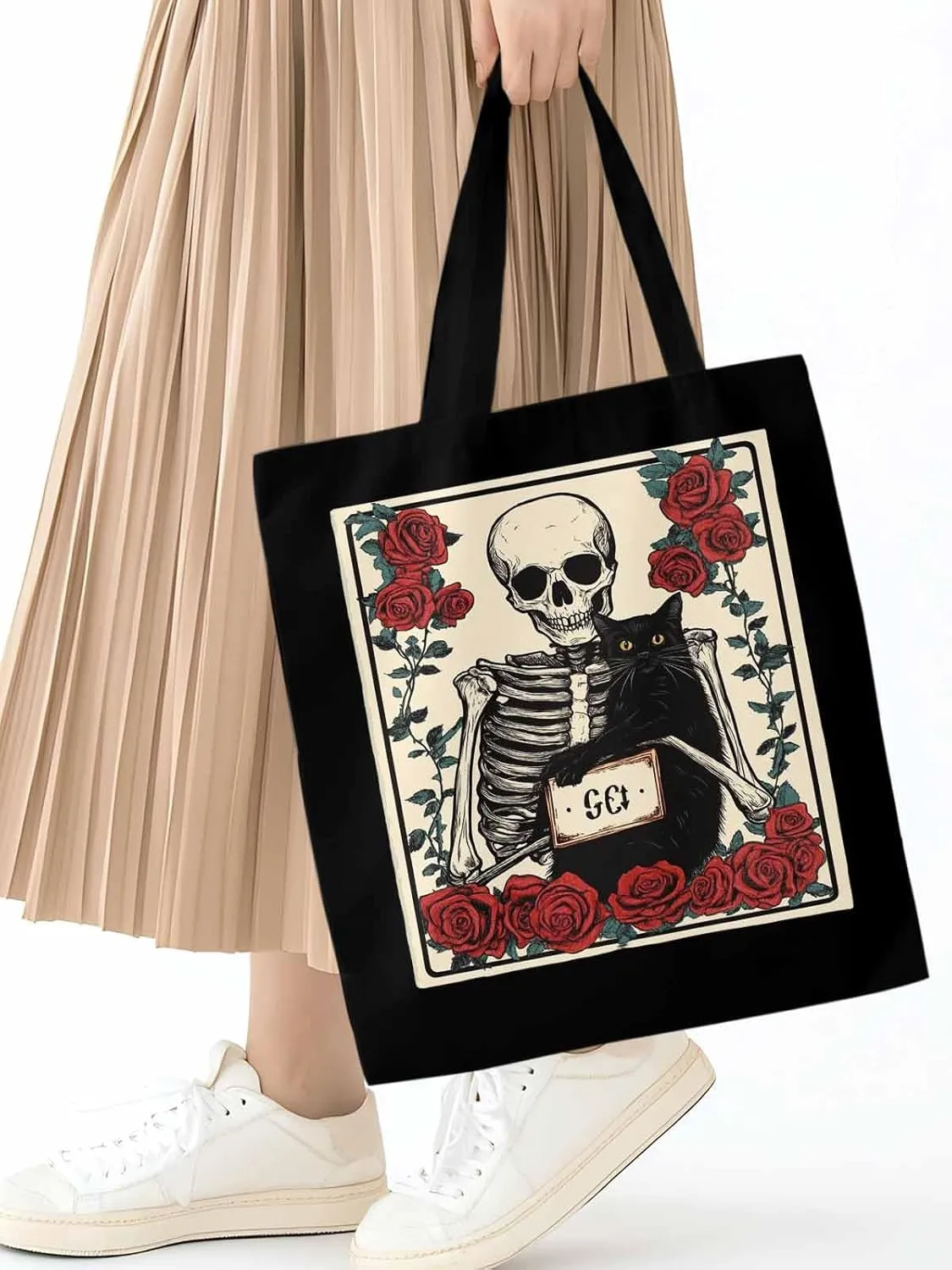 Red Roses Skull Cat Canvas Tote Bag, Aesthetic Canvas Tote Handbags for Women Shoulder Bag