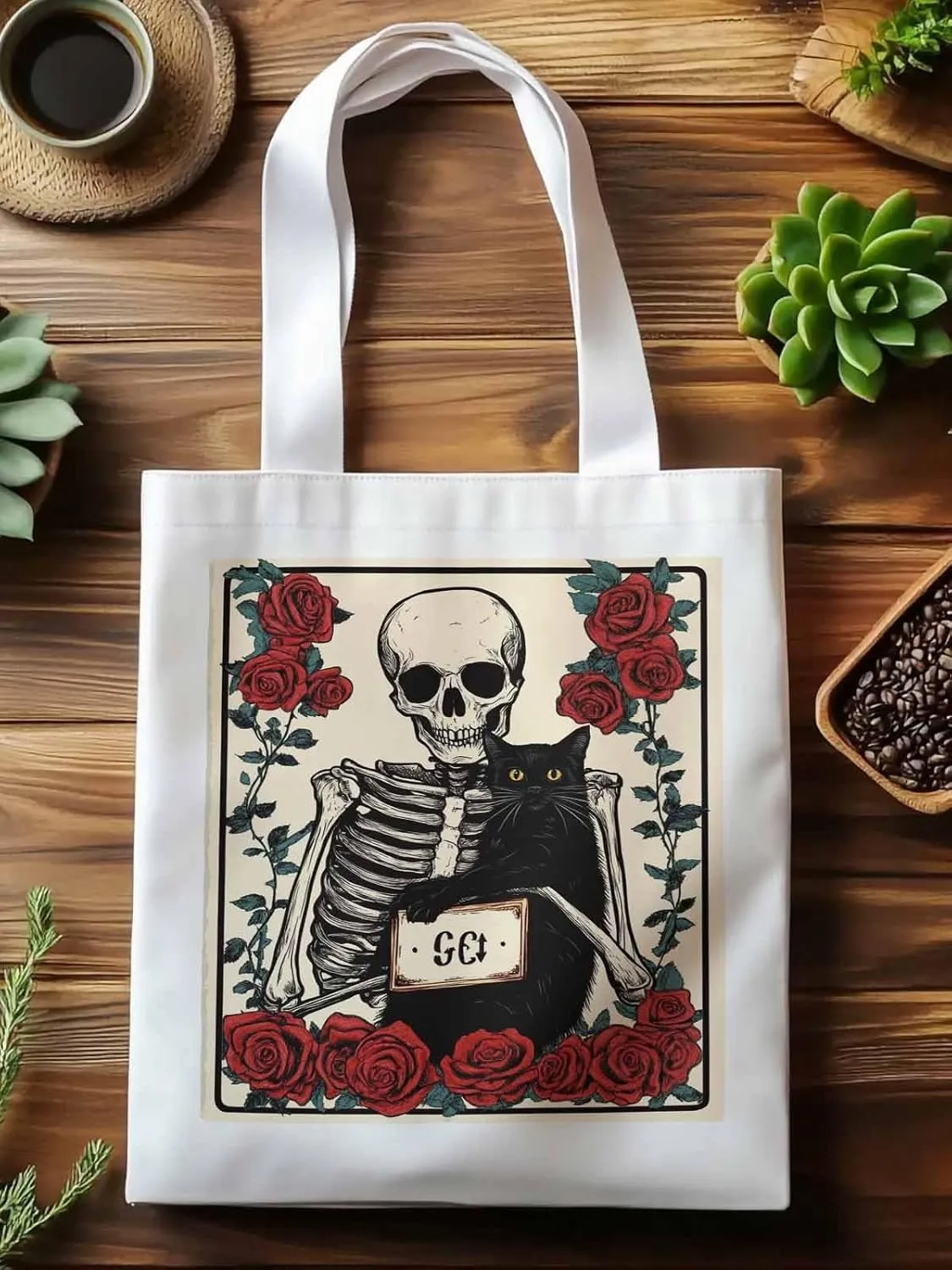 Red Roses Skull Cat Canvas Tote Bag, Aesthetic Canvas Tote Handbags for Women Shoulder Bag