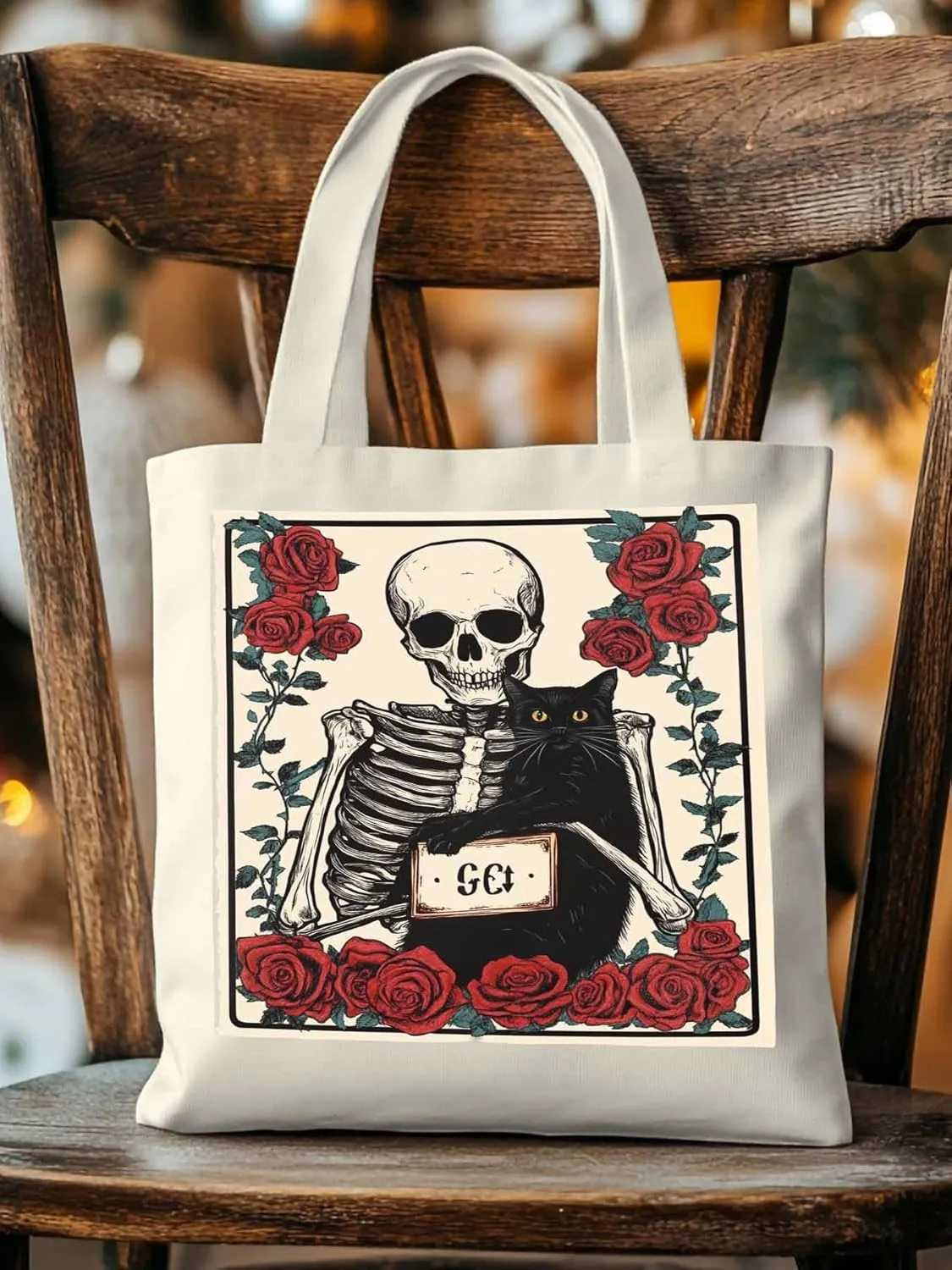 Red Roses Skull Cat Canvas Tote Bag, Aesthetic Canvas Tote Handbags for Women Shoulder Bag